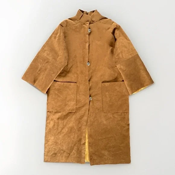 VTG 70s Suede Leather Mod Trench Coat Womens 2X-3X Brown Minimalist Patch Pocket - Picture 1 of 8